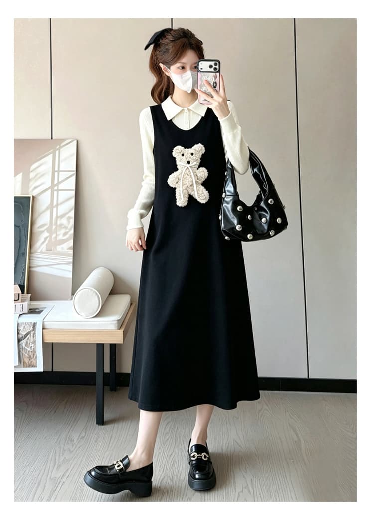 실사 지금 출산 착용 가을 겨울 폴로 칼라 배색 페이크 레이어드 패치워크 만화 자수 니트 스웨터 드레스 상세 이미지 14