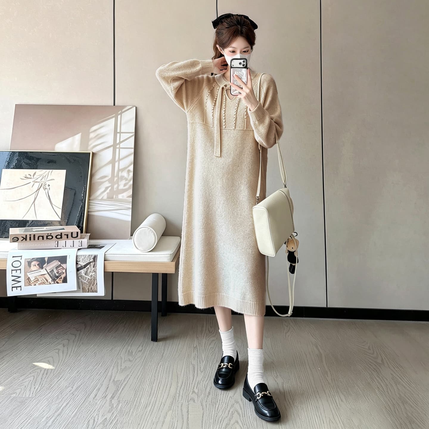 실사 지금 새로운 출산 착용 패션 비즈 박기 느긋한 바람 스웨터 원피스 임신 엄마 고급 센스 착용 가져 가라. 이미지 4