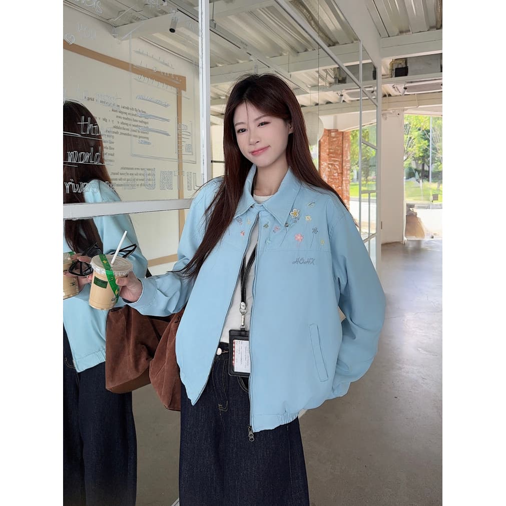 실사 디자인 센스 3 차원 꽃 자수 캐주얼 재킷 여성 코트 2026 가을 새로운 다용도 폴로 칼라 맨위