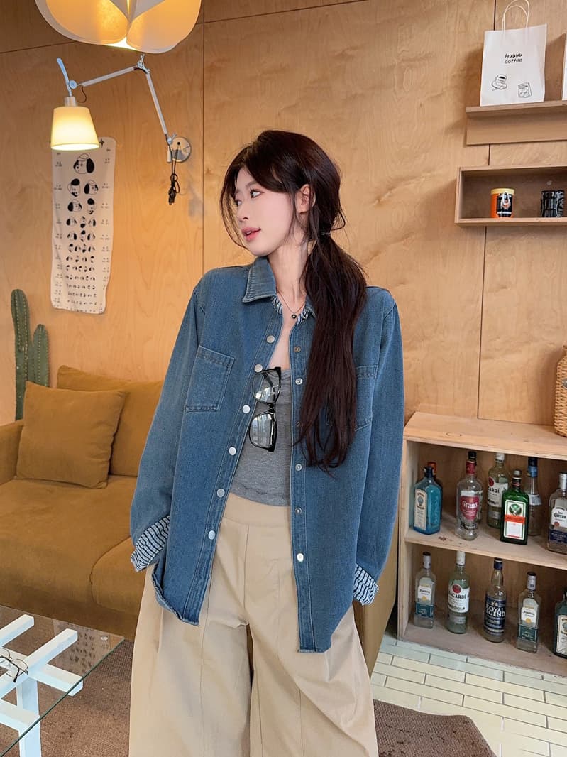 실사 2026 봄 디자인 센스 패션 캐주얼 맨위 항구 바람 레트로 긍정적 인 어깨 워싱 데님 긴팔 셔츠 상세 이미지 18