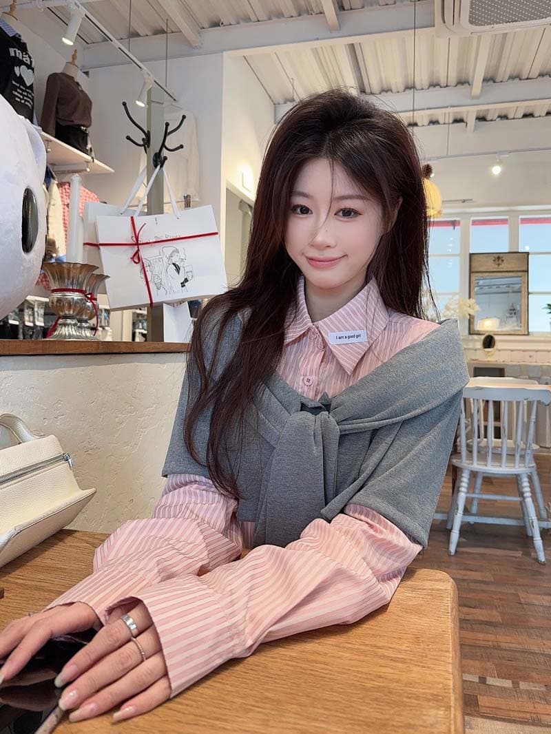 숄 페이크 레이어드 스트라이프 셔츠 여성 의류 2026 년 가을 새로운 Chic 달콤함 슬림해 보이는 맨위 상세 이미지 2