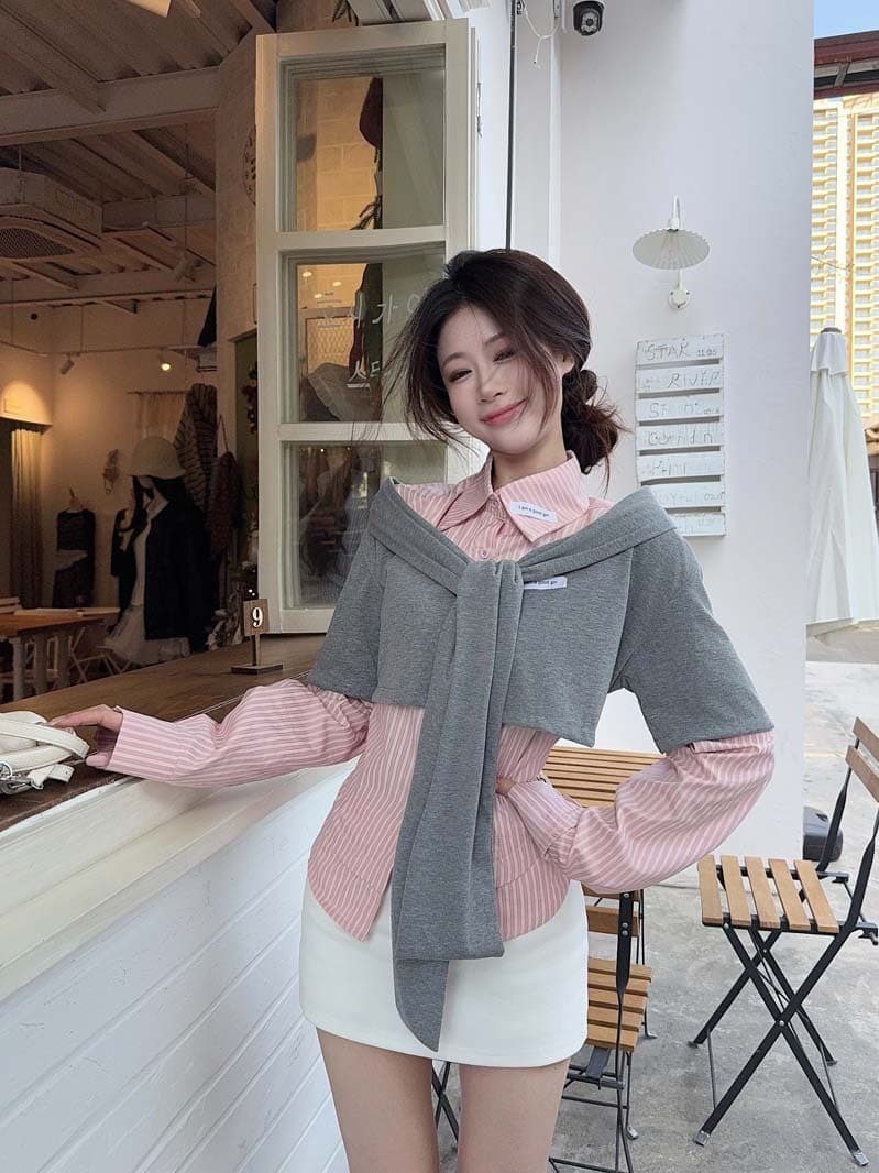 숄 페이크 레이어드 스트라이프 셔츠 여성 의류 2026 년 가을 새로운 Chic 달콤함 슬림해 보이는 맨위 상세 이미지 9