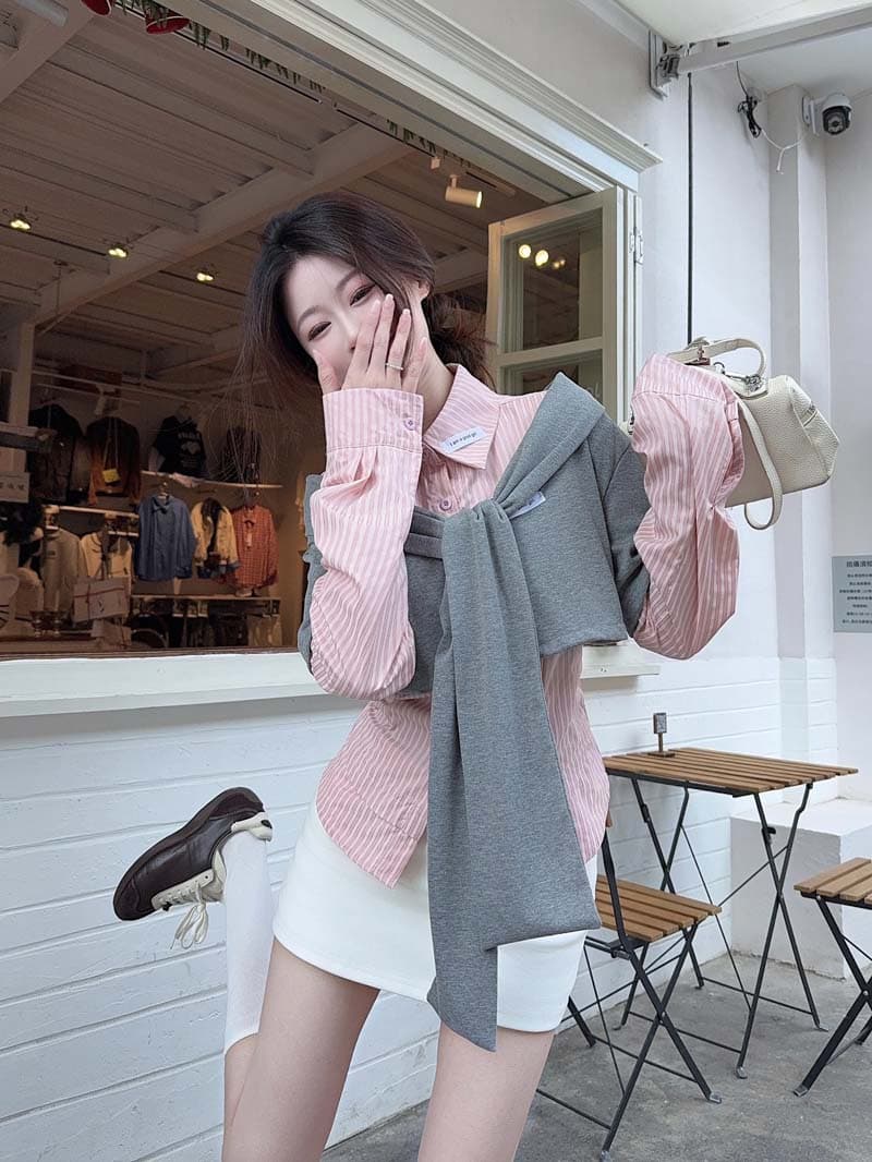 숄 페이크 레이어드 스트라이프 셔츠 여성 의류 2026 년 가을 새로운 Chic 달콤함 슬림해 보이는 맨위 상세 이미지 10