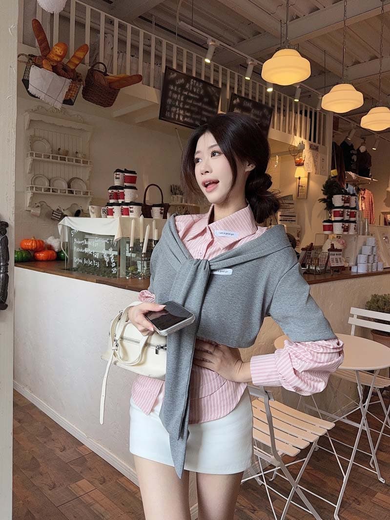 숄 페이크 레이어드 스트라이프 셔츠 여성 의류 2026 년 가을 새로운 Chic 달콤함 슬림해 보이는 맨위 상세 이미지 11
