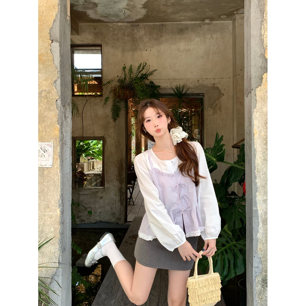 한 부서 달콤함 패치워크 페이크 레이어드 여성 셔츠 2026 봄 여름 새로운 Chic 디자인 센스 나비 매듭 연령 감소 맨위 이미지 5