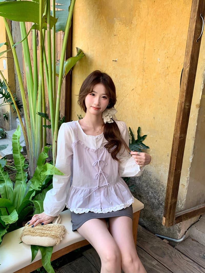 한 부서 달콤함 패치워크 페이크 레이어드 여성 셔츠 2026 봄 여름 새로운 Chic 디자인 센스 나비 매듭 연령 감소 맨위 상세 이미지 17