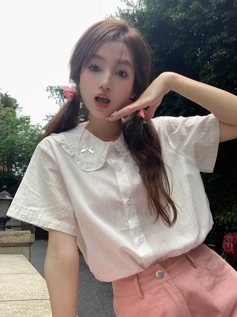 실사 여름 프릴 베이비 칼라 달콤함 반팔 여성 셔츠 귀여운 나비 매듭 일본식 작은 청신 셔츠 상세 이미지 11