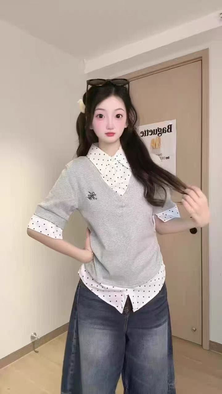한 부서 도트 무늬 셔츠 페이크 레이어드 반팔 티셔츠 여성 여름 새로운 작은 대중 디자인 센스 몸매 가꾸기 학원 스타일 맨위 상세 이미지 2