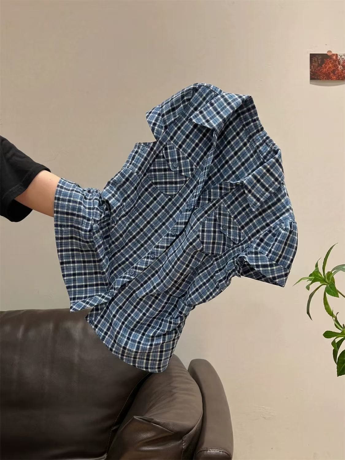 아메리칸 레트로 파란색 체크무늬 주름 반팔 여성 셔츠 여름 디자인 센스 작은 대중 몸매 가꾸기 허리 수축 슬림해 보이는 맨위 상세 이미지 1