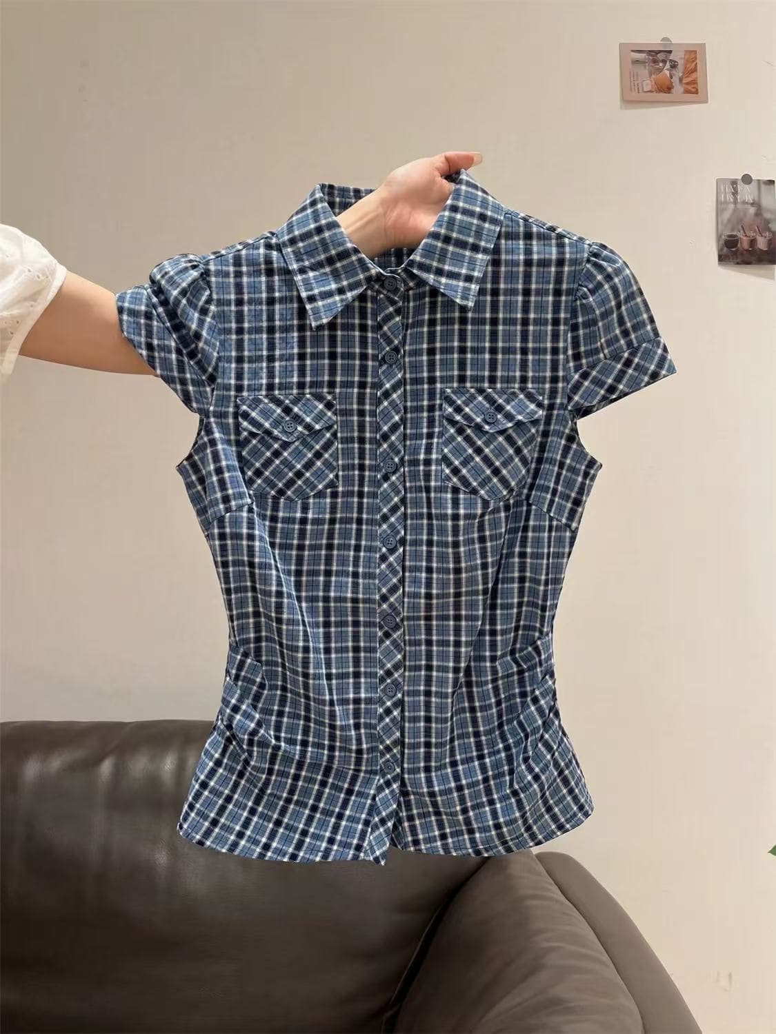 아메리칸 레트로 파란색 체크무늬 주름 반팔 여성 셔츠 여름 디자인 센스 작은 대중 몸매 가꾸기 허리 수축 슬림해 보이는 맨위 상세 이미지 2