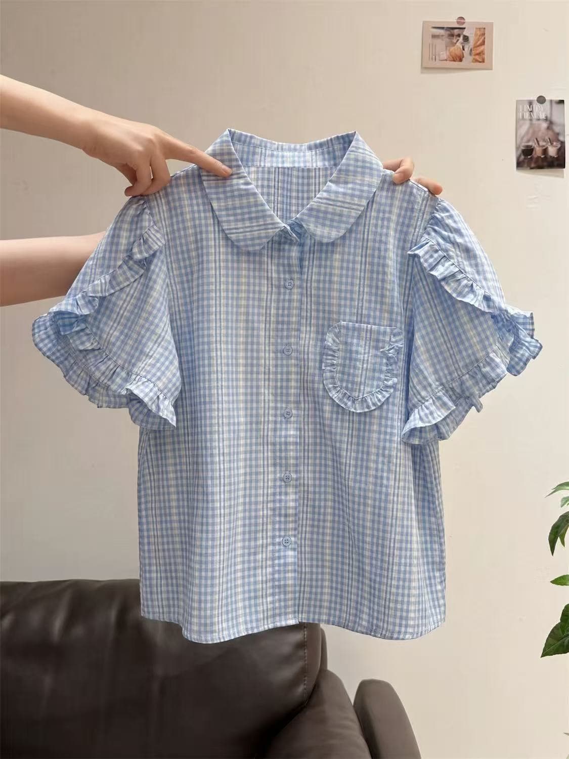 여름 디자인 센스 작은 대중 프릴 체크무늬 여성 셔츠 프랑스식 레트로 달콤함 거품 소매 고유 한 작은 셔츠 맨위 이미지 4