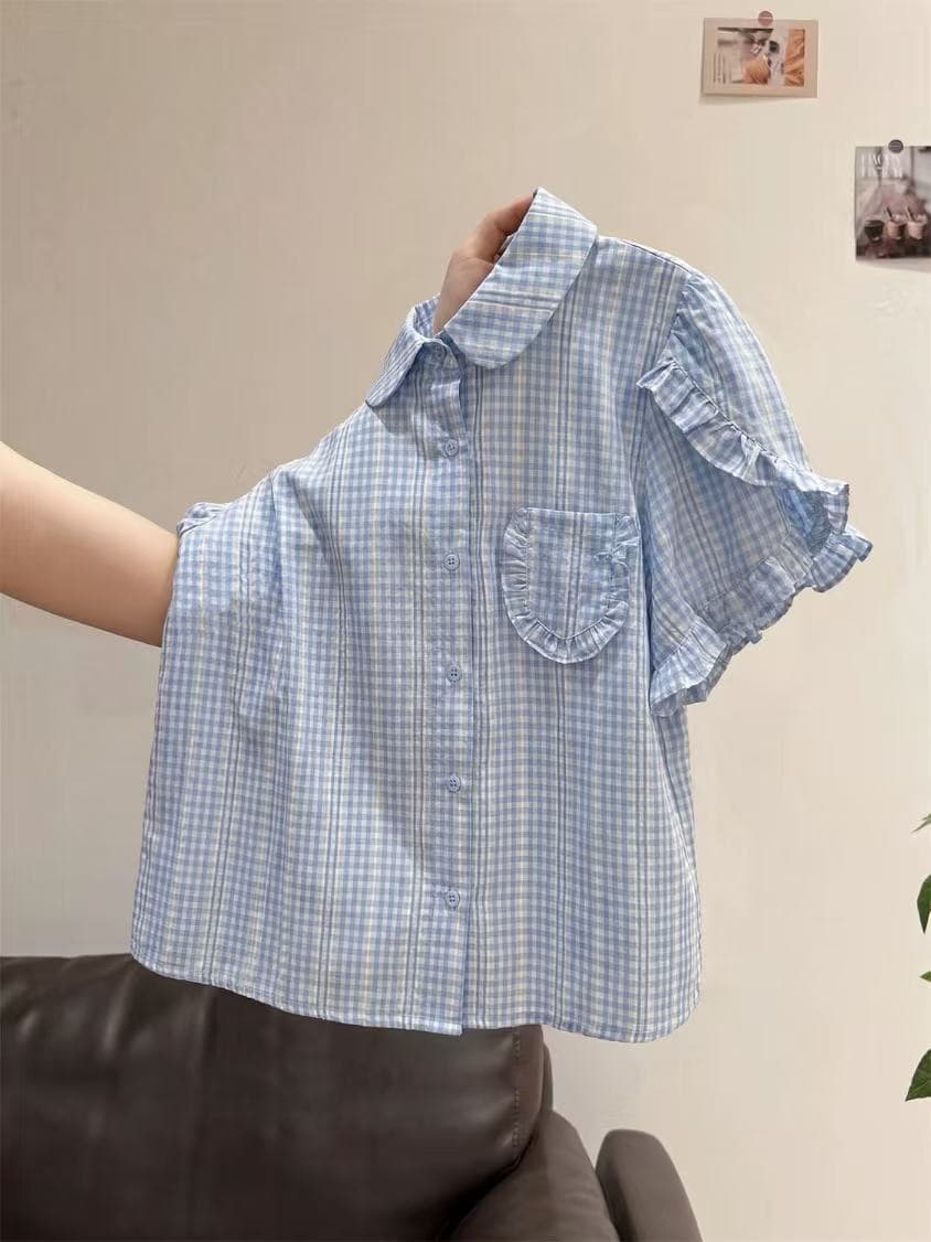 여름 디자인 센스 작은 대중 프릴 체크무늬 여성 셔츠 프랑스식 레트로 달콤함 거품 소매 고유 한 작은 셔츠 맨위 상세 이미지 2