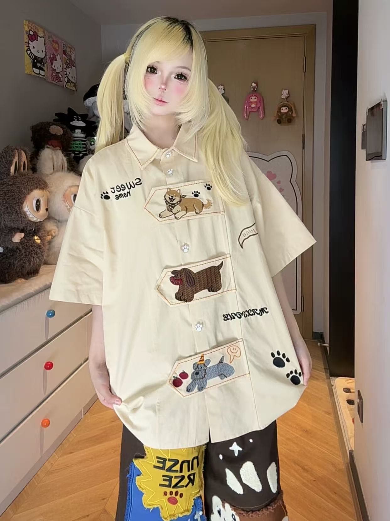 새로운 재미있는 만화 자수 폴로 칼라 반팔 셔츠 여름 루즈핏 캐주얼 다용도 커플 셔츠 이미지 4