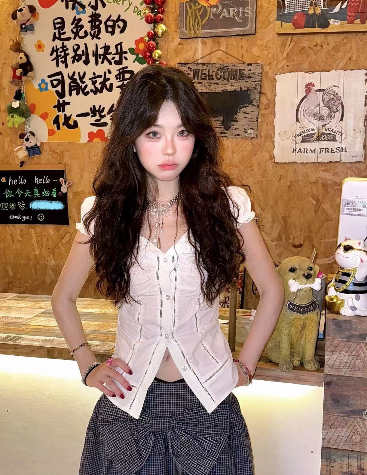 한 부서 고급 센스 반팔 여성 셔츠 여름 거품 소매 셔츠 작은 셔츠 몸매 가꾸기 슬림해 보이는 허리 수축 핫걸 맨위 트렌디 상세 이미지 1