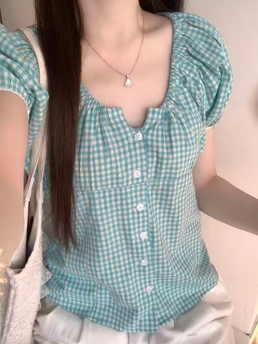 한 부서 체크무늬 싱글 줄 버튼 반팔 여성 셔츠 2026 여름 새로운 레트로 디자인 센스 슬림해 보이는 다용도 맨위