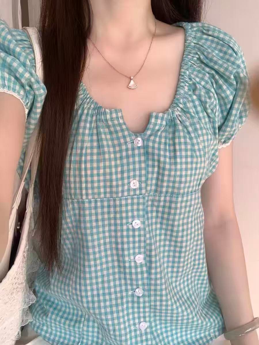 한 부서 체크무늬 싱글 줄 버튼 반팔 여성 셔츠 2026 여름 새로운 레트로 디자인 센스 슬림해 보이는 다용도 맨위 이미지 2