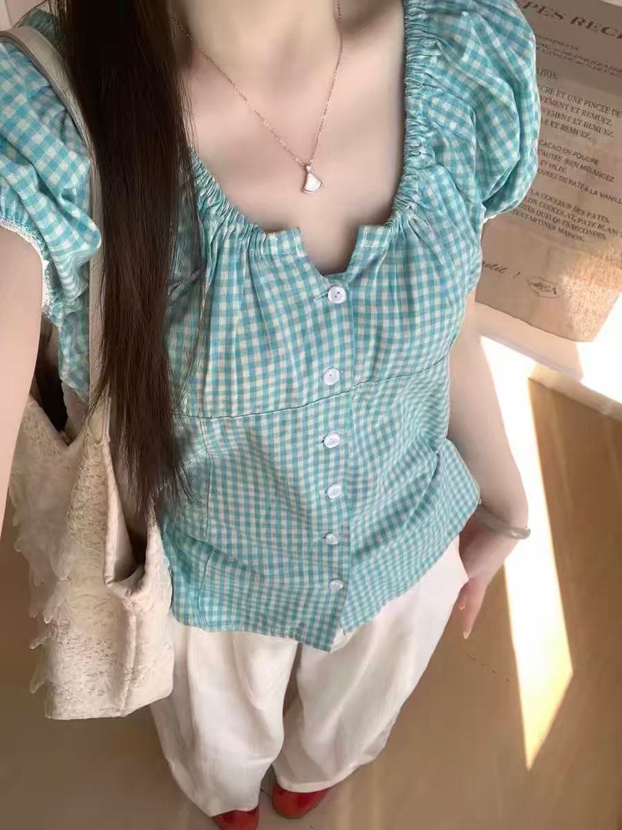 한 부서 체크무늬 싱글 줄 버튼 반팔 여성 셔츠 2026 여름 새로운 레트로 디자인 센스 슬림해 보이는 다용도 맨위 이미지 3