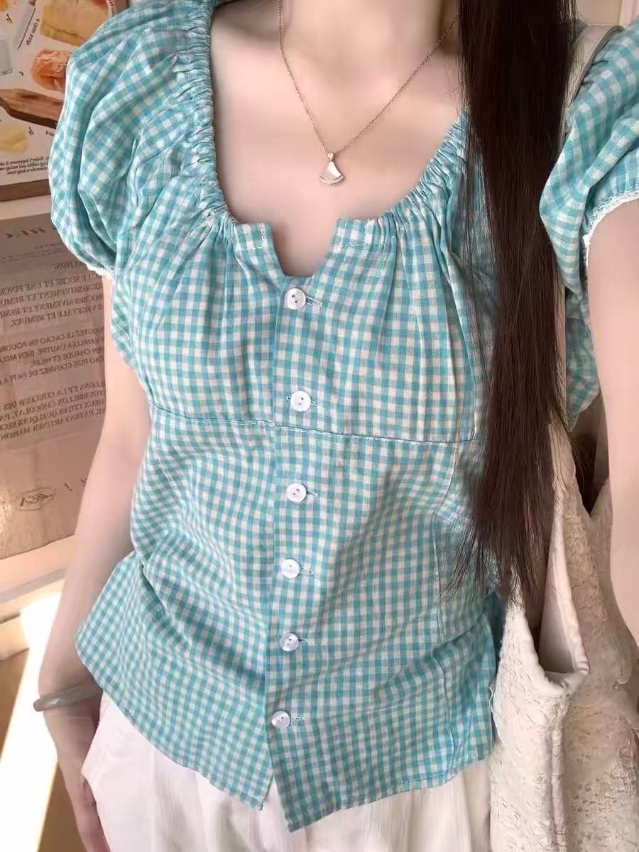 한 부서 체크무늬 싱글 줄 버튼 반팔 여성 셔츠 2026 여름 새로운 레트로 디자인 센스 슬림해 보이는 다용도 맨위 이미지 4