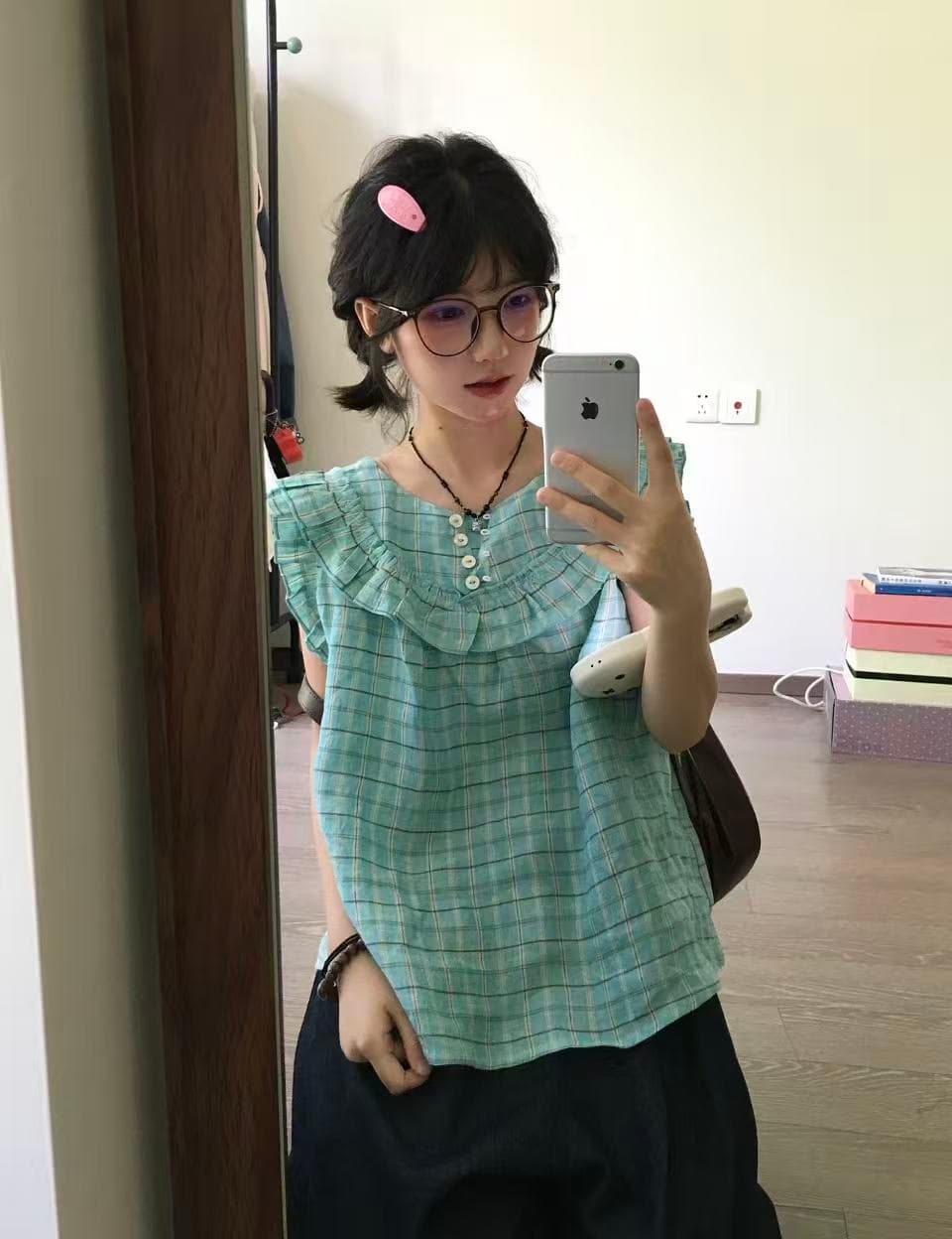 한 부서 체크무늬 조끼 맨위 여성 여름 새로운 착용 가져 가라. 작은 날다 소매 루즈핏 고유 한 아름다운 작은 키 아름다운 작은 셔츠