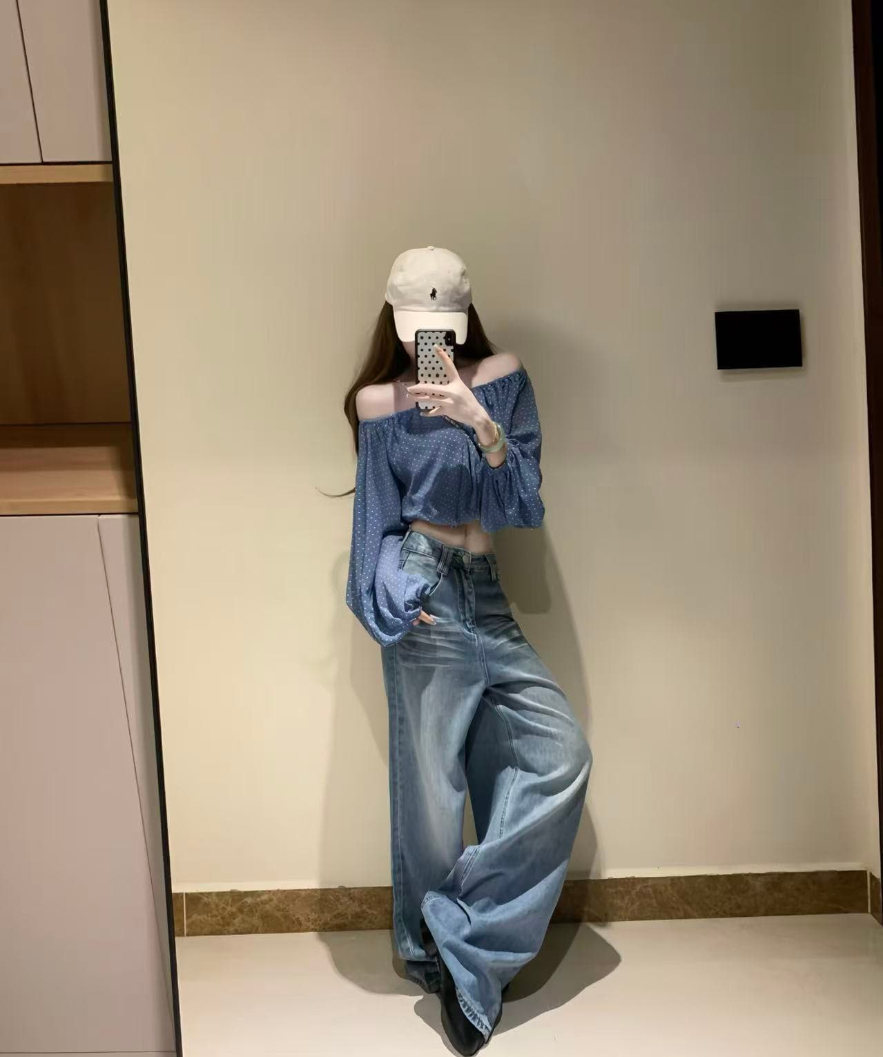 프랑스식 품격 파란색 도트 무늬 오프숄더 쇼트 스타일 긴팔 여성 셔츠 오프숄더 얇은 스타일 다용도 맨위 상세 이미지 2
