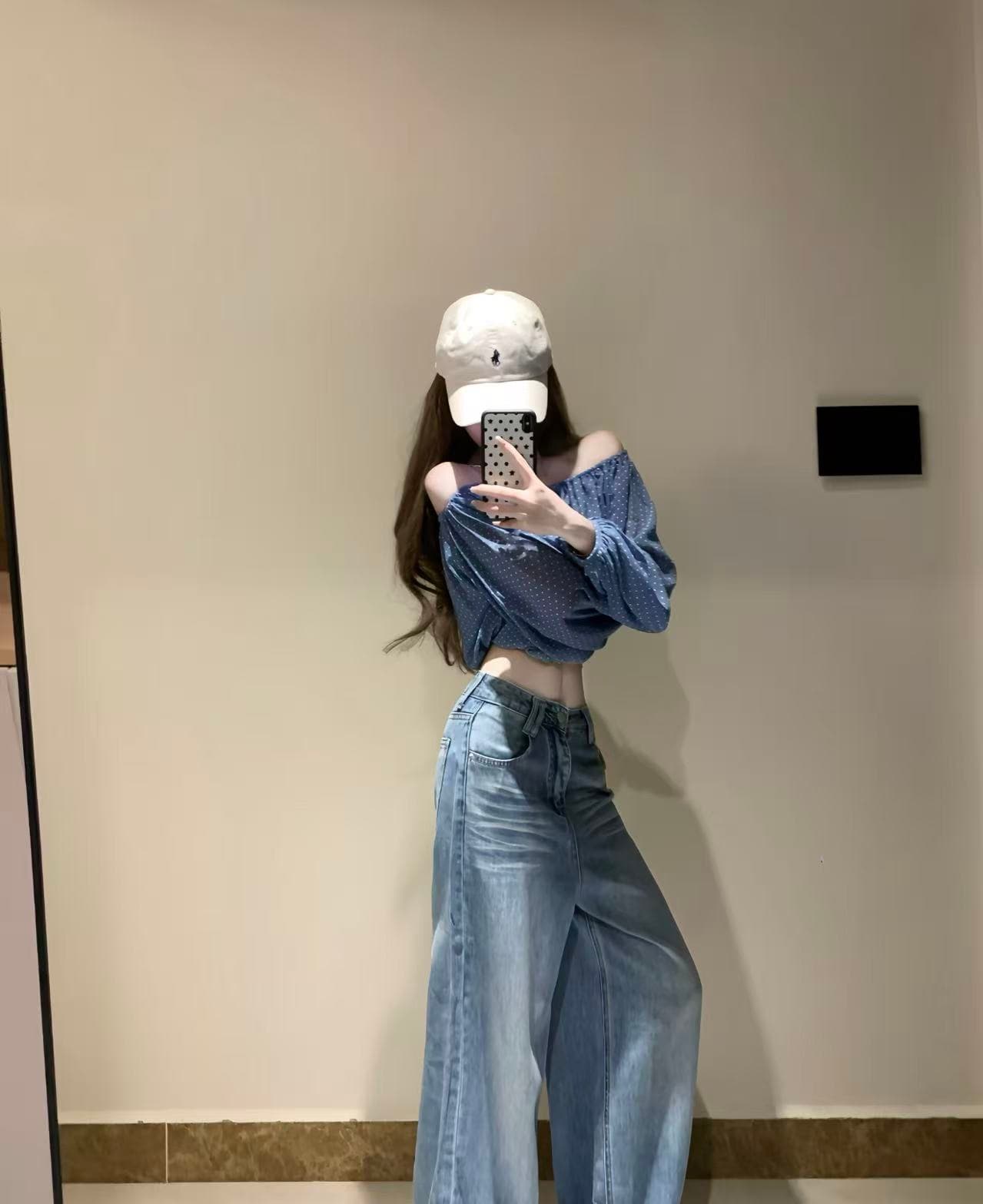 프랑스식 품격 파란색 도트 무늬 오프숄더 쇼트 스타일 긴팔 여성 셔츠 오프숄더 얇은 스타일 다용도 맨위 상세 이미지 4