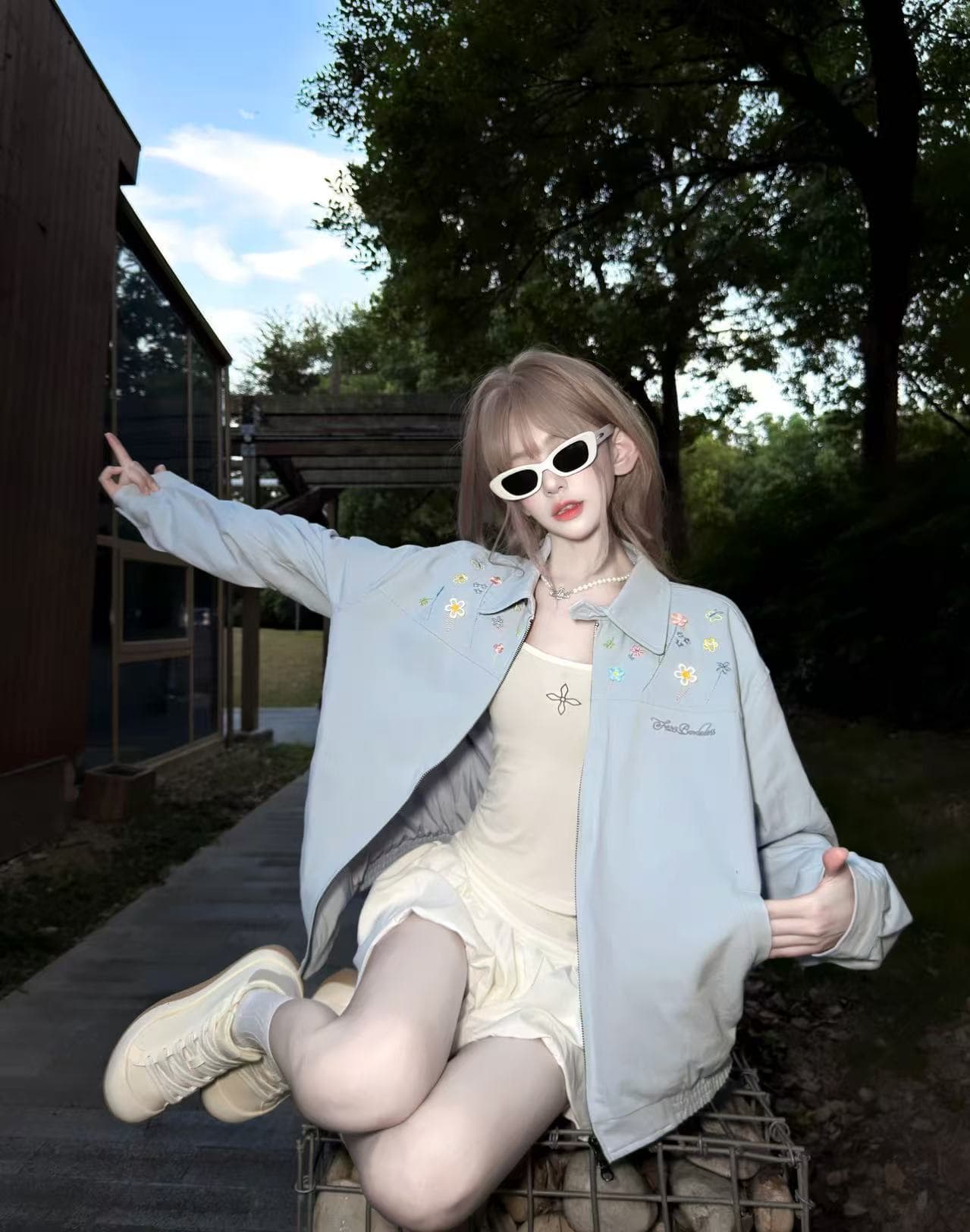 도파민 파란색 자수 폴로 칼라 여성 코트 가을 디자인 센스 작은 대중 3 차원 꽃 야구 유니폼 재킷 이미지 3