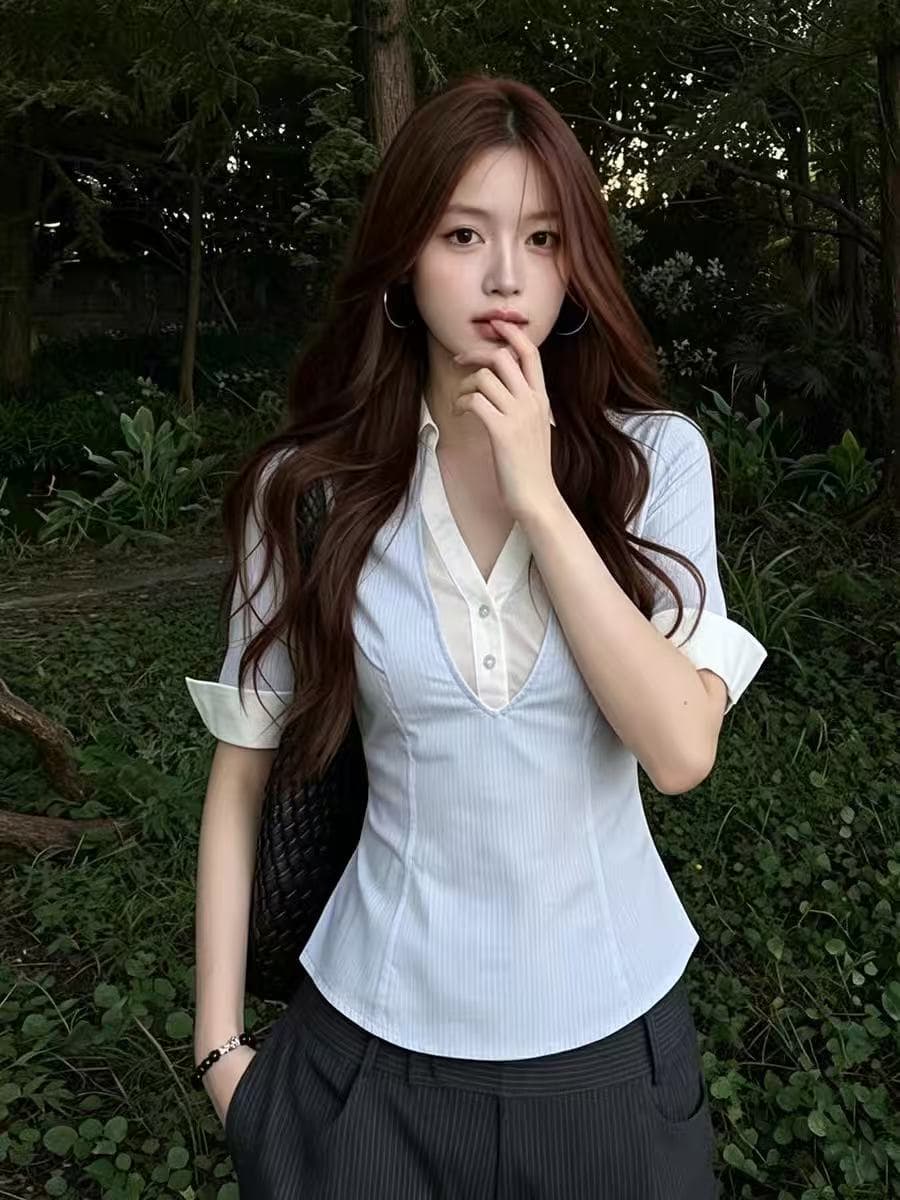 한 부서 페이크 레이어드 반팔 여성 셔츠 여름 착용 가져 가라. V넥 셔츠 허리 수축 슬림해 보이는 고급 센스 품격 맨위 트렌디 이미지 2