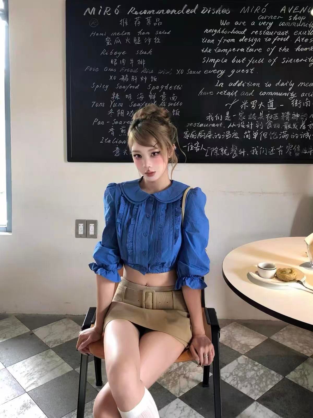 순면 베이비 칼라 중간 소매 여성 셔츠 새로운 디자인 센스 몸매 가꾸기 셔츠 품격 쇼트 스타일 이슬 뼈의 맨위 이미지 2