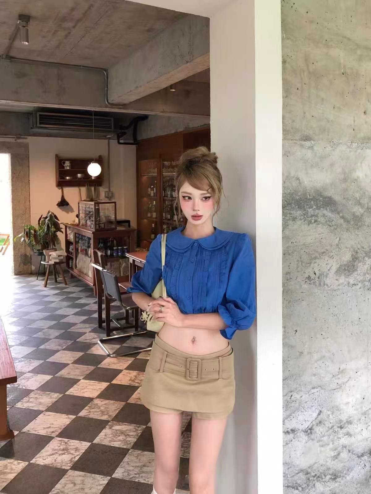 순면 베이비 칼라 중간 소매 여성 셔츠 새로운 디자인 센스 몸매 가꾸기 셔츠 품격 쇼트 스타일 이슬 뼈의 맨위 이미지 4