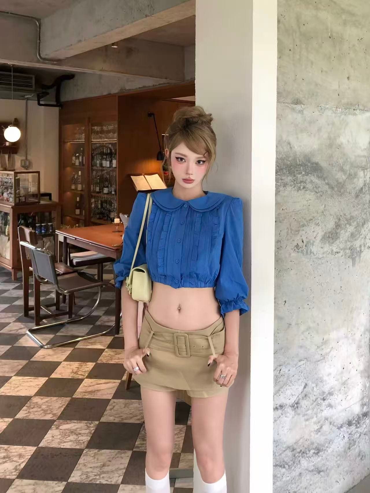 순면 베이비 칼라 중간 소매 여성 셔츠 새로운 디자인 센스 몸매 가꾸기 셔츠 품격 쇼트 스타일 이슬 뼈의 맨위 상세 이미지 1