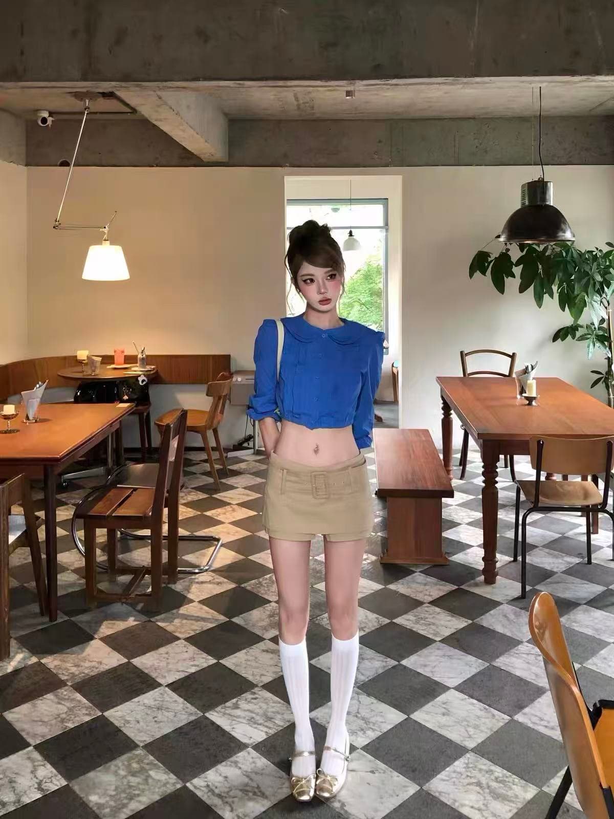 순면 베이비 칼라 중간 소매 여성 셔츠 새로운 디자인 센스 몸매 가꾸기 셔츠 품격 쇼트 스타일 이슬 뼈의 맨위 상세 이미지 3