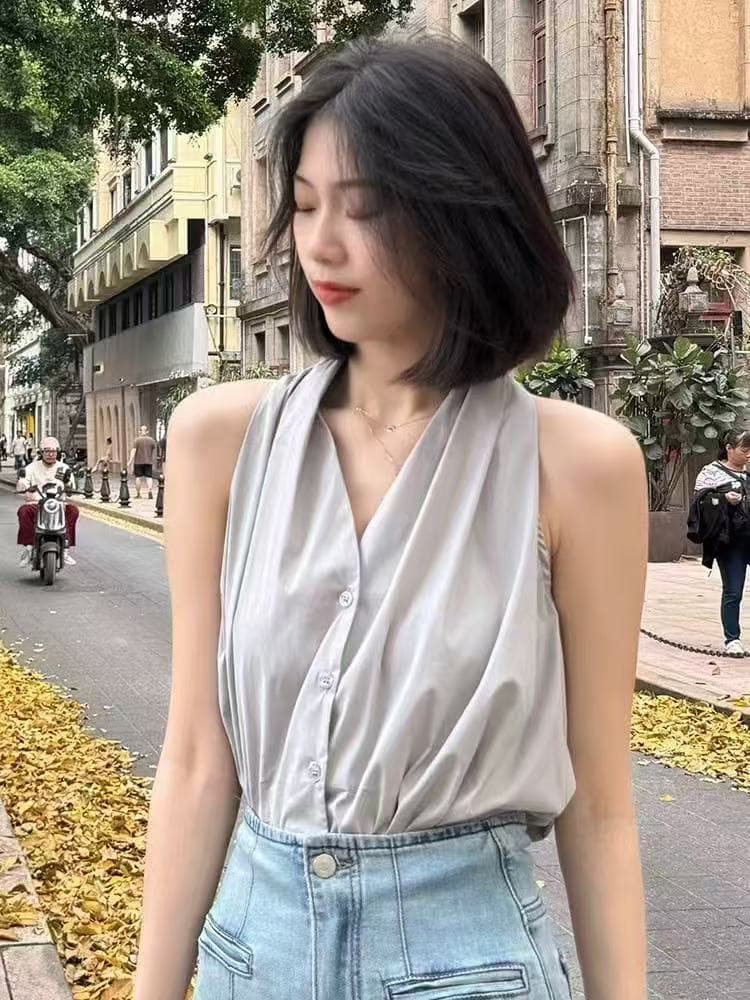 프랑스식 레트로 V넥 행침 목 민소매 여성 셔츠 여름 새로운 고급 센스 품격 오프숄더 아름다운 조끼 맨위 이미지 3