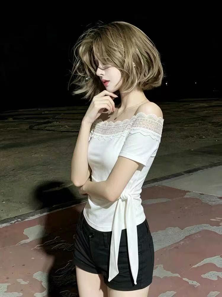 프랑스식 슈퍼 잘 생긴 오프숄더 레이스 측면 반팔 티셔츠 여성 여름 디자인 센스 작은 대중 스트랩 허리 수축 짧은 맨위 이미지 4