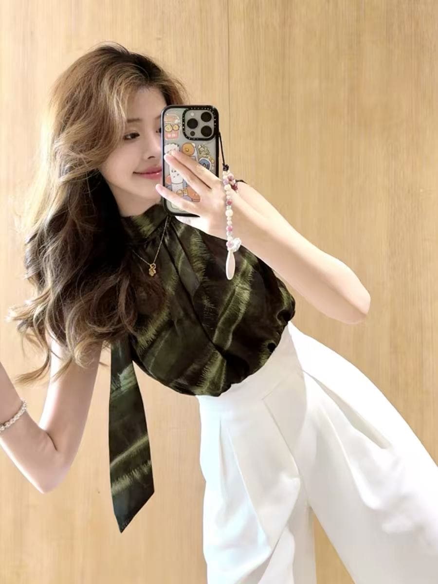 2026 슈퍼 화재 연령 감소 녹색 리본 칼라 민소매 쉬폰 톱 여성 여름 프랑스식 고유 한 슈퍼 잘 생긴 ~ 중 셔츠 상세 이미지 3