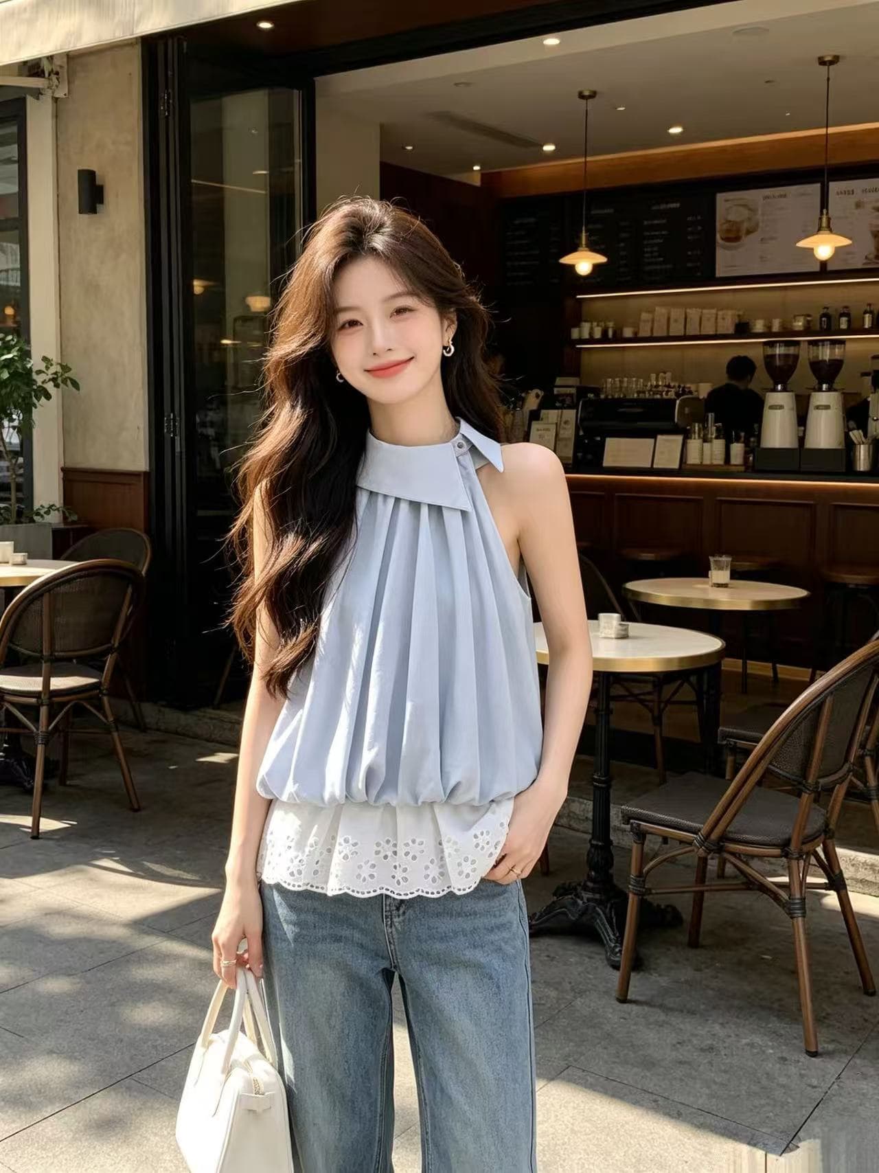 부드러운 연령 감소 행침 목 민소매 맨위 프랑스식 홀로우 아웃 자수 꽃밭 밑단 품격 슬림해 보이는 오프숄더 작은 셔츠 여성 여름 상세 이미지 4