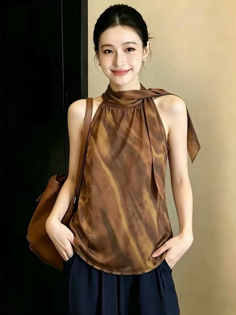 프랑스식 빛 럭셔리 민소매 행침 목 조끼 여성 여름 새로운 작은 대중 디자인 센스 리본 프린트 품격 패션 맨위 이미지 2