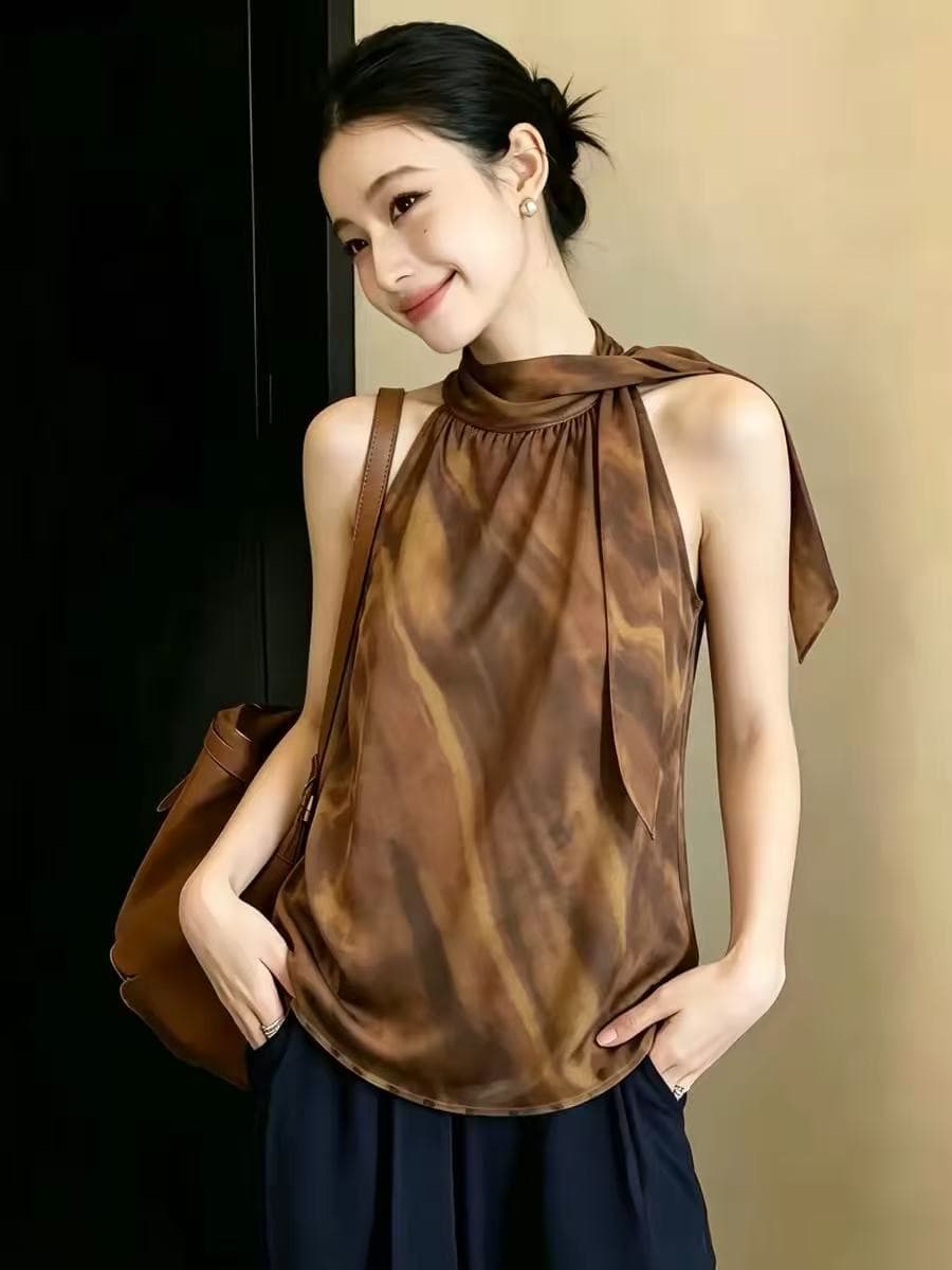 프랑스식 빛 럭셔리 민소매 행침 목 조끼 여성 여름 새로운 작은 대중 디자인 센스 리본 프린트 품격 패션 맨위 이미지 3