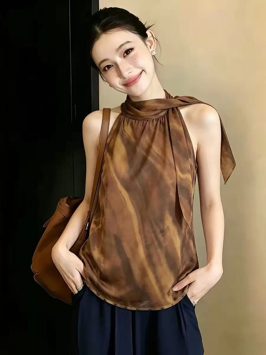 프랑스식 빛 럭셔리 민소매 행침 목 조끼 여성 여름 새로운 작은 대중 디자인 센스 리본 프린트 품격 패션 맨위 상세 이미지 1