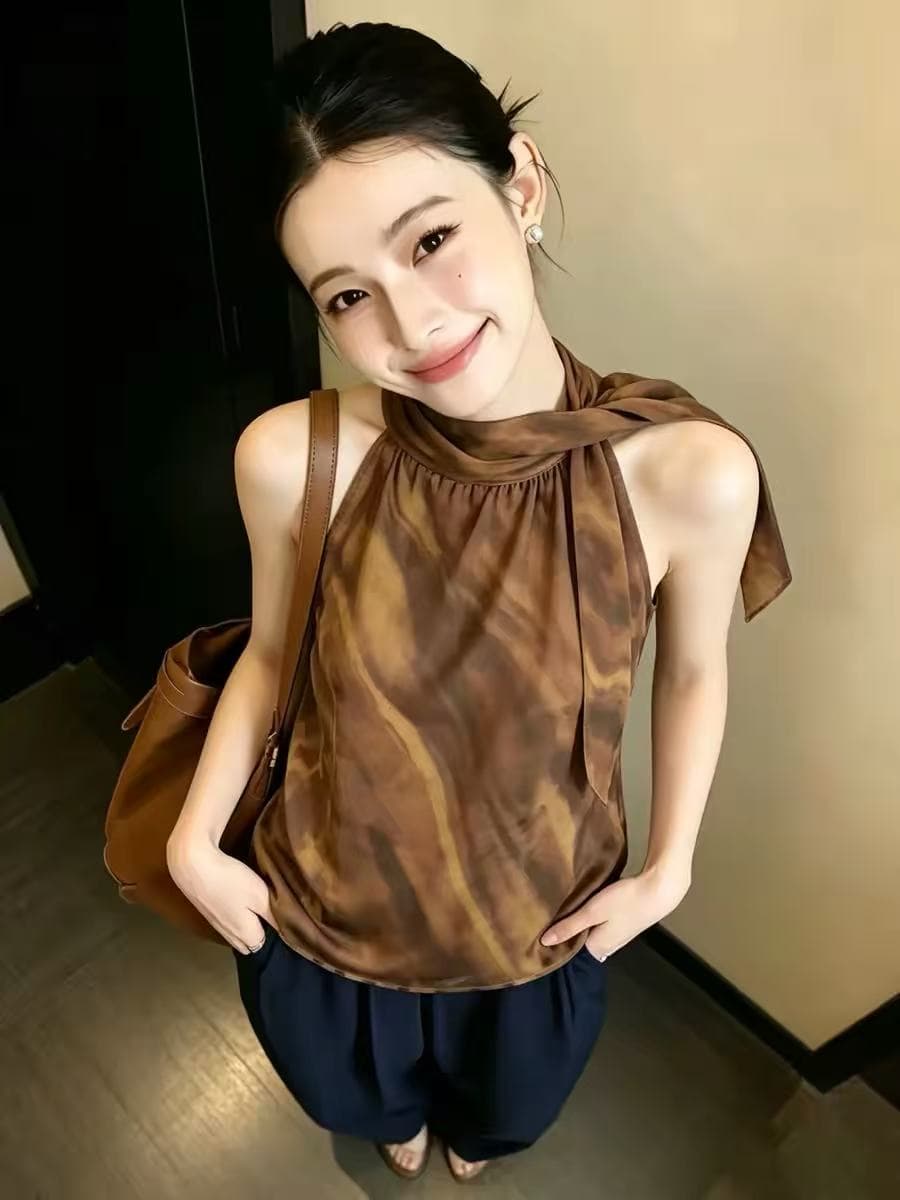 프랑스식 빛 럭셔리 민소매 행침 목 조끼 여성 여름 새로운 작은 대중 디자인 센스 리본 프린트 품격 패션 맨위 상세 이미지 4