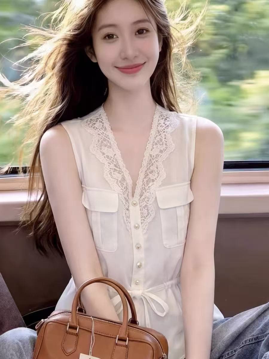 2026 새로운 프랑스식 자이언트 잘 생긴 ~ 중 여성 여름 화이트 레이스 조각 V넥 민소매 조끼 슬립 몸매 가꾸기 맨위 상세 이미지 5