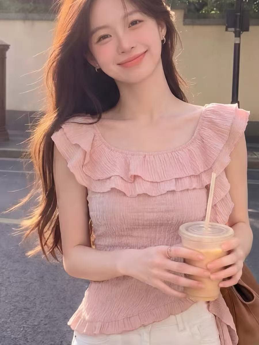 한 부서 ins 디자인 센스 작은 대중 여성 여름 핑크색 프릴 대 네클라인 작은 날다 소매 티셔츠 몸매 가꾸기 슬림해 보이는 맨위 상세 이미지 5