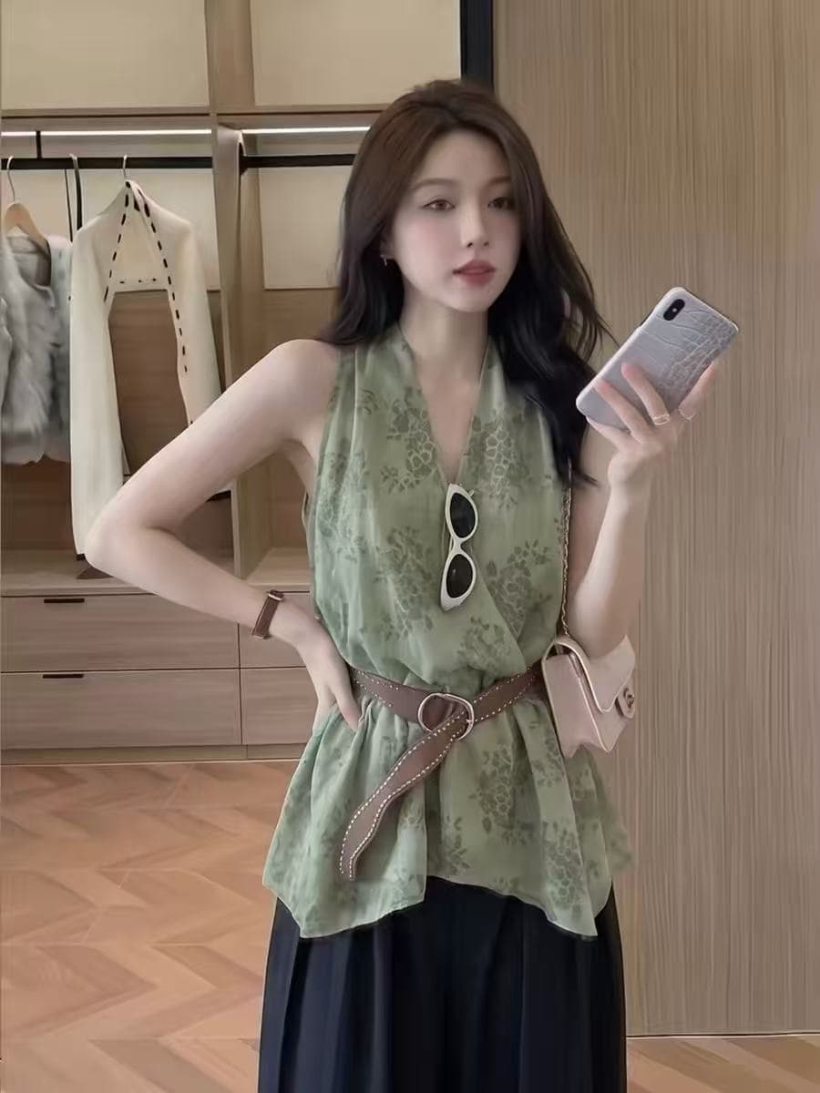 녹색 프랑스식 V넥 행침 목 캐미솔 여성 의류 2026 봄 여름 새로운 허리 수축 슬림해 보이는 자카드 맨위 이미지 4