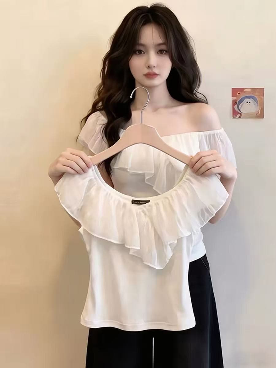 화이트 프릴 패치워크 보트넥 오프숄더 반팔 티셔츠 여성 여름 몸매 가꾸기 작은 심장 기계 긍정적 인 어깨 쇼트 스타일 맨위 이미지 2