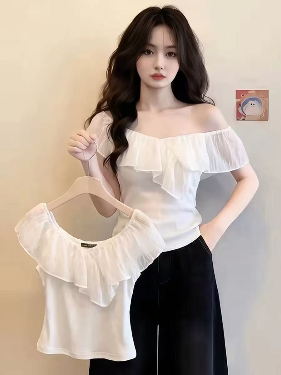 화이트 프릴 패치워크 보트넥 오프숄더 반팔 티셔츠 여성 여름 몸매 가꾸기 작은 심장 기계 긍정적 인 어깨 쇼트 스타일 맨위 상세 이미지 1