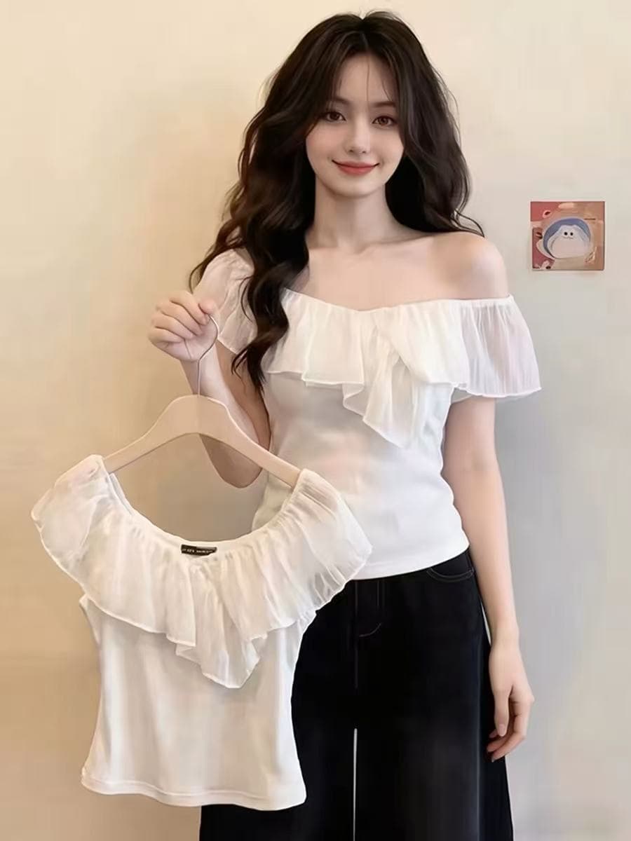 화이트 프릴 패치워크 보트넥 오프숄더 반팔 티셔츠 여성 여름 몸매 가꾸기 작은 심장 기계 긍정적 인 어깨 쇼트 스타일 맨위 상세 이미지 3