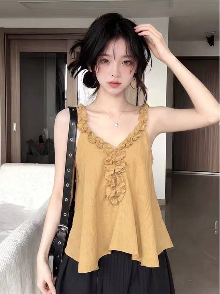 디자인 센스 프릴 민소매 조끼 여성 여름 분위기 센스 V넥 슬립 루즈핏 슬림해 보이는 연령 감소 다용도 맨위 상세 이미지 2