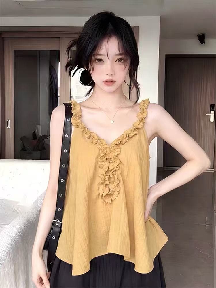 디자인 센스 프릴 민소매 조끼 여성 여름 분위기 센스 V넥 슬립 루즈핏 슬림해 보이는 연령 감소 다용도 맨위 상세 이미지 3