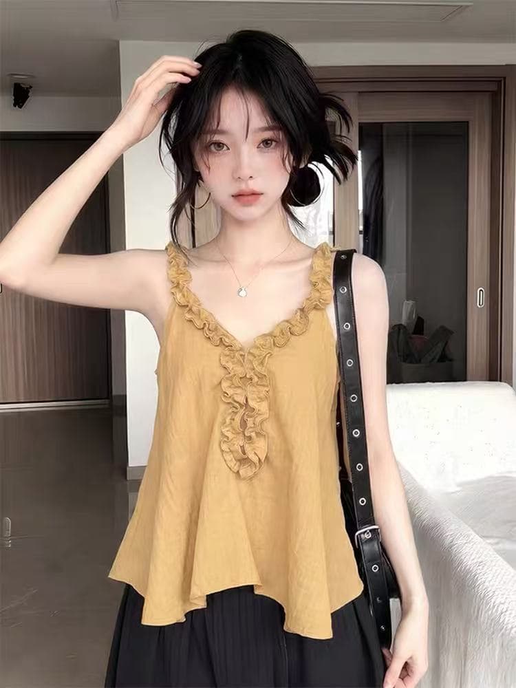 디자인 센스 프릴 민소매 조끼 여성 여름 분위기 센스 V넥 슬립 루즈핏 슬림해 보이는 연령 감소 다용도 맨위 상세 이미지 4