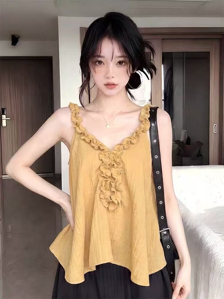 디자인 센스 프릴 민소매 조끼 여성 여름 분위기 센스 V넥 슬립 루즈핏 슬림해 보이는 연령 감소 다용도 맨위 상세 이미지 5