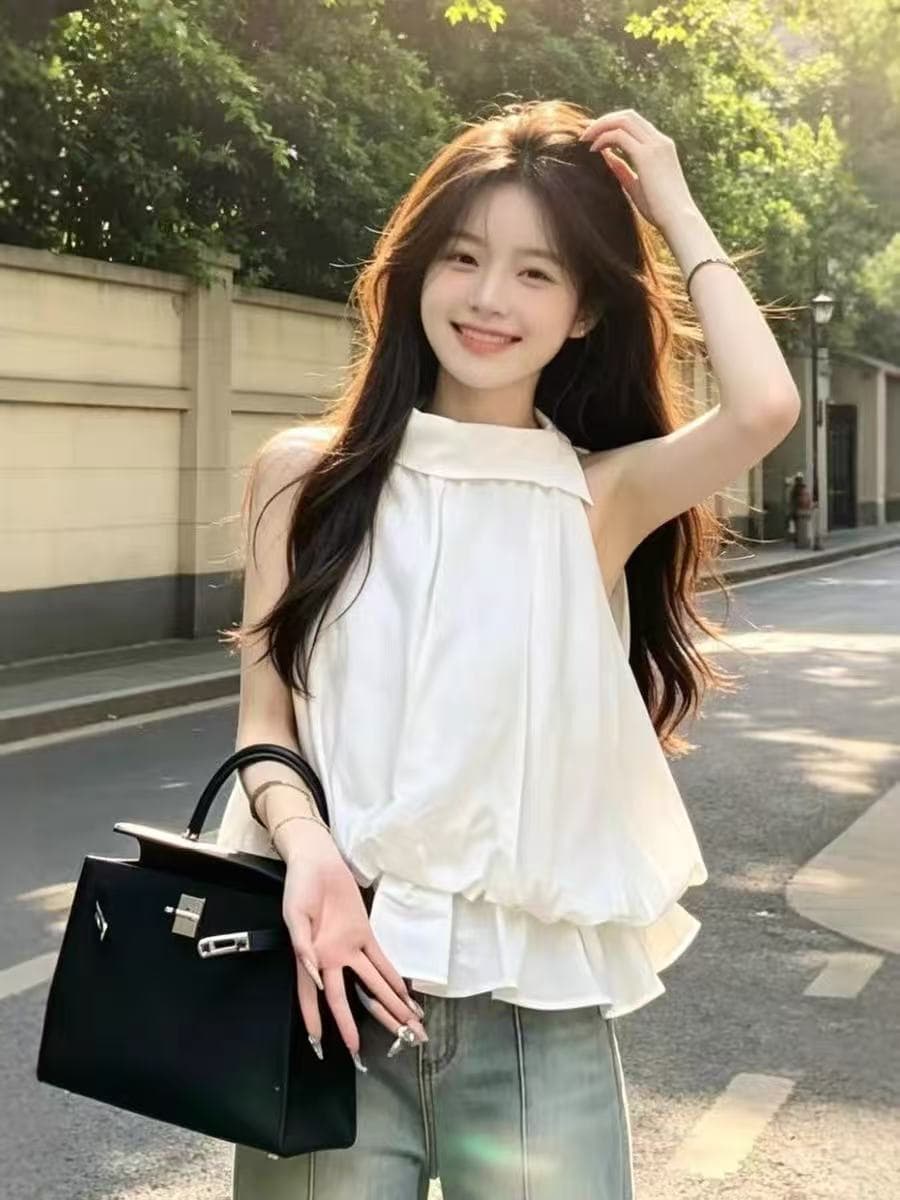 한국 스타일 프릴 꽃밭 행침 목 조끼 여성 셔츠 여름 불규칙 폴로 칼라 인형 셔츠 루즈핏 슬림해 보이는 맨위 상세 이미지 1